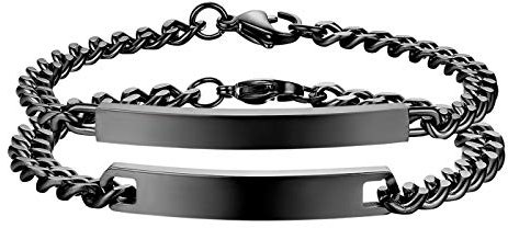JewelryWe Valentinstag Schmuck Pärchen Armband mit Gravur, Personalisierbares Partnerarmband Freundschaftsarmband Edelstahl Panzerkette Paar Armbänder für Herren Damen, Schwarz