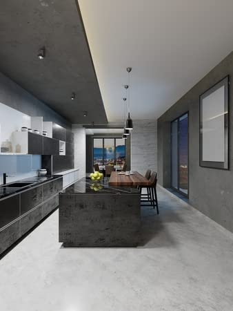 adrium Cuadro de madera de 70 x 90 cm: diseño moderno de cocina con una larga isla central y una mesa de bar con encimera de mármol negro, equipamiento de acero inoxidable (113849750)