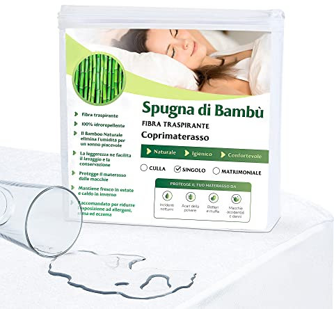 Coprimaterasso Singolo Impermeabile 80 X 190 - Tessuto Spugna Di Bambù Naturale Super Morbido - Angoli Super Elastici Fino a 30 cm - Rinfrescante, Traspirante, Silenzioso, Antiacaro, Anallergico