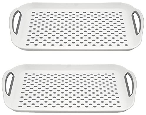 HOMESHOPA - 2 x Non-Slip Rectangular Anti-Slip Serving Tray with High Grip Surface Base and Easy Grip Handles/Ideal for Dinner Tea Drinks, White Plastic & Grey Rubber Dots