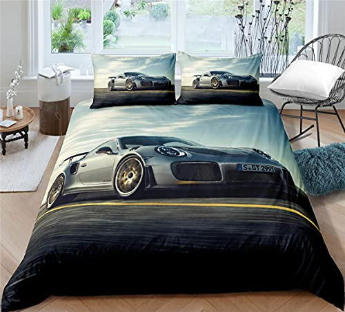 Andrui. Schwarzer Weiß Sportwagen Bettwäsche Set für Kinder Jungen Männer - Modern Auto Fahren Drucken Dekorativ Rennauto Bettbezug Set Weich Mikrofaser (Auto 02, 135x200+50x75)