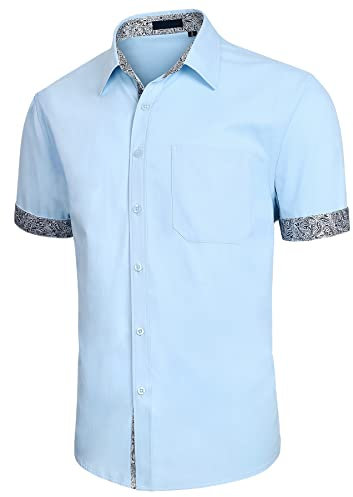 Enlision Men's Dress Shirt Short Sleeve Shirts Blue Button Up Casual Shirts XXL
