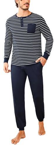 Leversic Mens Pyjamas Set Cotton Winter Pajamas for Men Long Sleeve Henley Shirts Pajama Tops With Full Length Sleep Bottom Men Sleepwear Set S-3XL(Navy Blue,L)