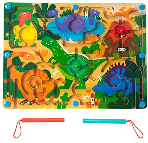 Magnetspiel Dinosaurier Labyrinth, Magnetic Holz Labyrinth Spielzeug, Pädagogisches Spielzeug für Kinder ab 3 Jahren, Schult die Visuelle Verfolgung, Logik und Feinmotorik