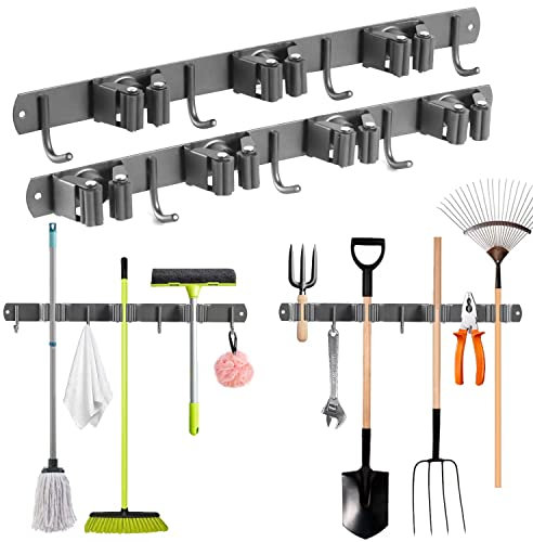 devesanter Broom mop Holder Stainless steel mop holder wall mounted self adhesive,2 pcs tool organiser wall mounted with 7 trestle 7 Hooks for Brush Mop Broom and Tool Storage(gun gray)