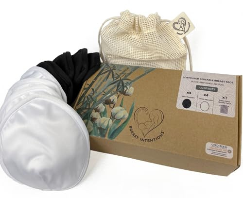Breast Intentions ® Reusable Breast Pads, Washable Nursing Pads, Organic Bamboo Cotton, Contoured and Discreet, 8 Washable Breast Pads, 4 Layer System, Highly Absorbent, (One Size) + 1 Laundry Pouch