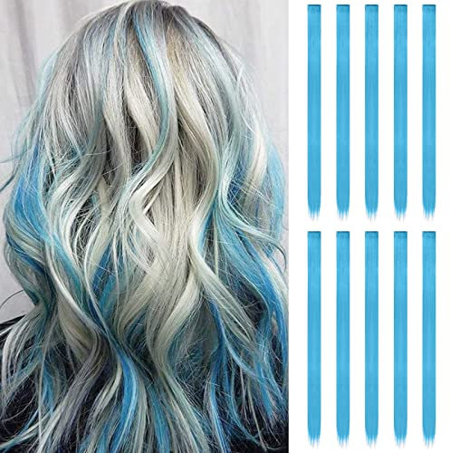 FESHFEN Farbige Haarverlängerung, 10 PCS Blau Haarteil für Damen Synthetik Party Highlight Synthetik Glatte Bunte Haarverlängerungen Clip in Extensions Haarteil für Frauen, 55cm