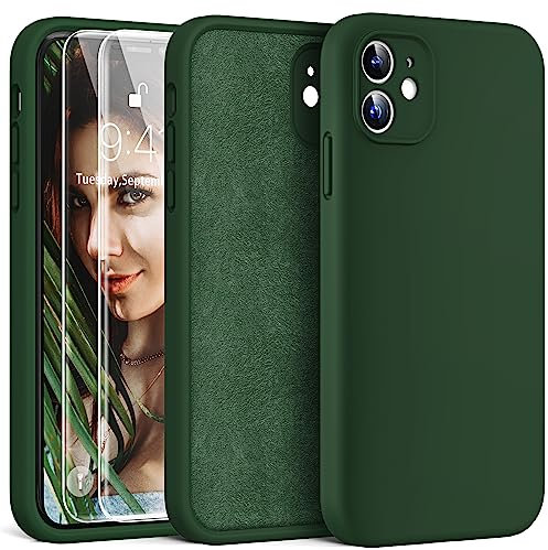 HATOSHI 3 in 1 for iPhone 11 Phone Case, with 2 Pack Screen Protector, [Upgraded Full Camera Protection] Liquid Silicone Silky-Soft Touch Slim Shockproof [Anti-Scratch] [Multi-Color], Alpine Green