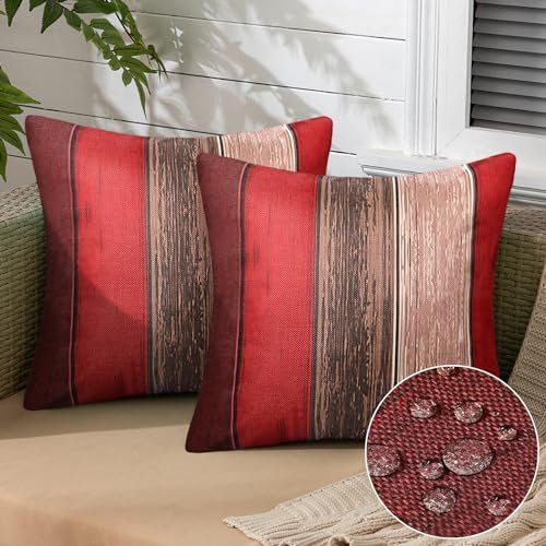 Kissenbezug 40x40 Rot Outdoor Leinenoptik - Dekokissen Couchkissen Bezug Ombre Rot Braun Wood Streifen für Sofa Schlafzimmer Wohnzimmer - 2er Set