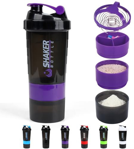 VIGIND Bouteille shaker de protéines, bouteille d'eau de sport anti-fuite pour mixeur de protéines - 3 couches antidérapante, tasse à secouer de 473,6 g avec plateau de rangement pour pilules (violet)