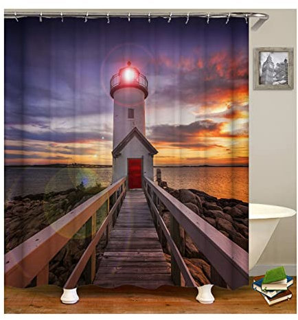 Mesnt Duschvorhang Stoff Waschbar, Leuchtturm Polyester Stoff Bad Vorhäng für Badezimmer (Vielfarbig, 150x200cm)