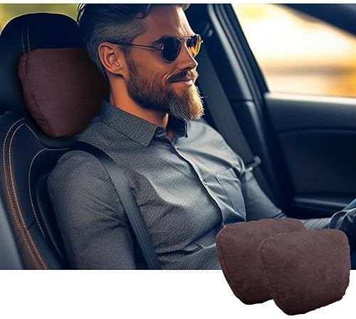 POKSRI nackenkissen Auto,kopfstütze Auto nackenstütze,Superfiber Wildleder Unterstützung Kissen,Pflanzenbasiertes Polyester,30x19cm Nachfüllbar&Verstellbar Fahrzeug(Dunkler Kaffee, Nackenkissen 2ps)