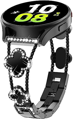 Issinky Bracelet Lucky Trèfle à Quatre Feuilles pour Galaxy Watch 7/FE/6/5/4 40mm 44mm, 20MM Bling Rhinestone Bracelet métal fille pour Galaxy Watch 6 Classic/4 Classic/Watch 5 Pro/Watch 3 41mm/Active