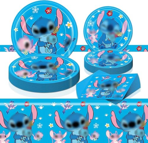 Kit Vaisselle d'Anniversaire Bleu, 41Pcs Cartoon Ensemble Vaisselle de Fête,Decoration Bleu Anniversaire avec Nappe, Assiette, Serviette en Papier, pour Fournitures de Fête d'anniversaire