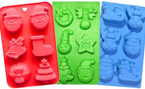 Xulink Weihnachts Silikonformen, 6-fach, mit Weihnachtsmotiven, für Backen, Kuchen, Schokolade, Seife, Gelee, rechteckig, 3 Stück