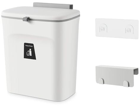 XUANYU 9 Litre Poubelle à Compost Cuisine avec Couvercle, Petite Poubelle Compost pour Portes ou Mural, Poubelle Suspendue en Plastique pour Cuisine, Salon, Chambre, Salle de Bains (Blanc-1 Pcs)