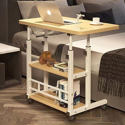 Höhenverstellbarer Betttisch mit Rollen – Multifunktionaler Beistelltisch für Bett, Sofa und Stuhl, tragbarer Überbetttisch mit Rollen – Höhenverstellbarer Beistelltisch aufrüstbar (Hellbraun)