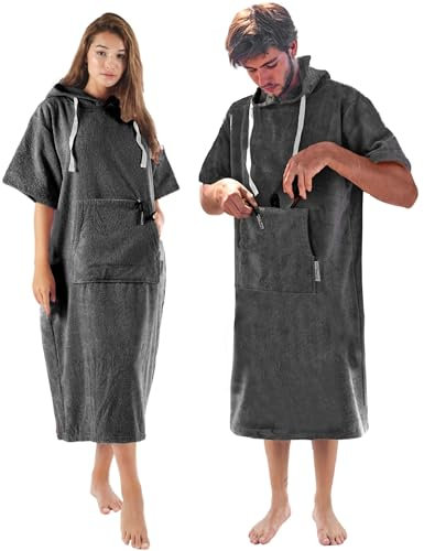 CalmyBEACH Frottee Badeponcho Damen Herren - Surf Poncho 100% Baumwolle Strandponcho mit Reißverschlussfach Kapuze Umziehhilfe Strand Bademantel (S-M, Anthrazit)