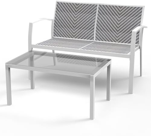 RANSENERS Premium Doppelsofa mit Tisch von Gartenmöbelset CBLS76L mit Metallrahmen und Polyrattan Sitzfläche für Garten Terrasse und Balkon (Weiß)