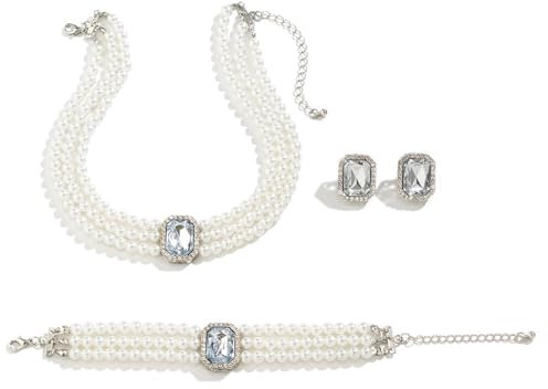 Cubahop Hochzeit Braut Perle Edelstein Halskette Armbänder und Ohrring Set Kristall Halskette Party Hochzeit Schmuck Sets für Frauen und Mädchen (Silber)