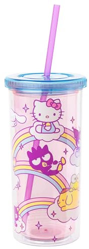 Silver Buffalo Hello Kitty Friends Rainbows and Clouds, tazza alta in plastica con coperchio e cannuccia, 590 ml