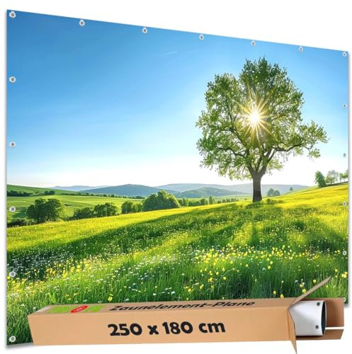 TRIOSK Sichtschutz Garten Deko Zaun Plane Blickdicht groß mit Zaunblende Motiv Sommer Blumen Wiese für Zaunelement Doppelstabmatten Stabmattenzaun Gartenzaun PVC 250x180 cm