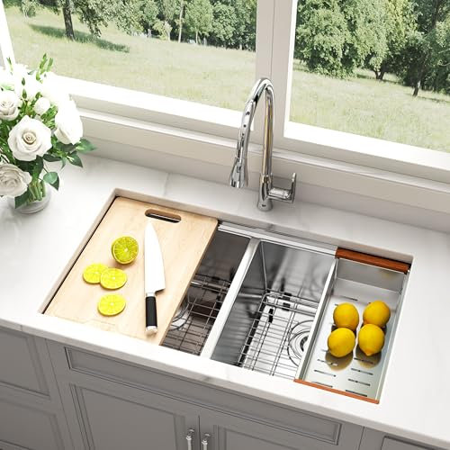Blenzia 32 Inch Double Bowl Kitchen Sink 16 Gauge Stainless Steel Undermount Workstation 50/50 Double Bowl Sinks with Integrated Ledge and Accessories