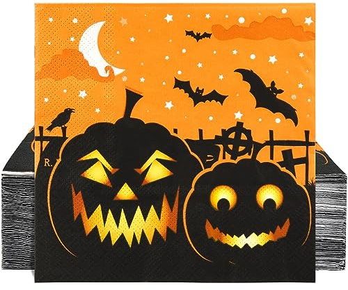 Halloween-Servietten, Papierservietten, Kürbisse, Cocktail, Getränke, Mittagessen, Abendessen, Partyzubehör, Dekorationen, 3-lagig, Einweg-Gästehandtuch, niedliche Fledermaus, 100 Stück