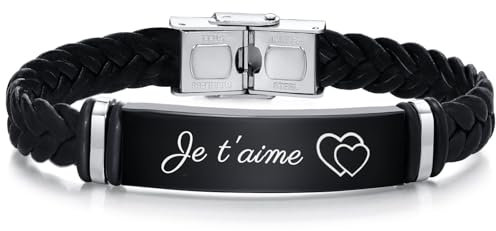 Personalisiertes Herren Lederarmband, Herren Armband mit Gravur, Schwarz Mikrofaser-Leder Flechtarmband - DIY Name Nachricht Armbänder für Herren, Geschenke für Männer (Je t'aime)