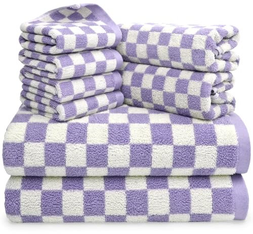 8-teiliges Set aus Baumwollhandtüchern und Waschlappen, niedliches kariertes Badezimmer-Handtuch-Set, luxuriös, weich, saugfähig, leicht, Flieder