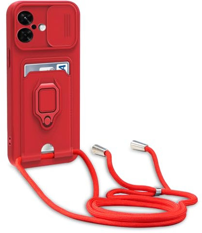 yanasuo Camera Protection Lanyard Phone Case for iphone 16, Card Holder, Slide Camera Cover, Silicone Cord Strap rope Shell TPU Shockproof Bumper Cover-Red