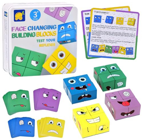 Gesichter Puzzle UieaMsio Bauwürfel Ausdruck Holzpuzzle, Ausdruck Holzwürfel Puzzle, Montessori Lernspielzeug für Kinder, Puzzle Bauwürfel Gesichter für Kinder Weihnachten Geschenk