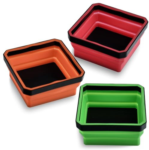 LEONTOOL 3 Pack Collapsible Magnetic Parts Tray Set, Silicone Magnetic Tool Trays, Foldable Magnetic Parts Holder for Bolt Screw Nut & Small Metal Parts, 4.5 Square Small Magnetic Tray for Mechanics