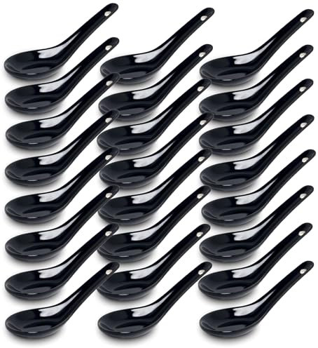 White and black Series ASIATICA | Porzellan-Löffel-Set Asien | 13 cm - Reis-Löffel - Suppen-Löffel, Servier-Löffel, Dessert-Löffel - Spoon-Set Ramen (24er Set schwarz)
