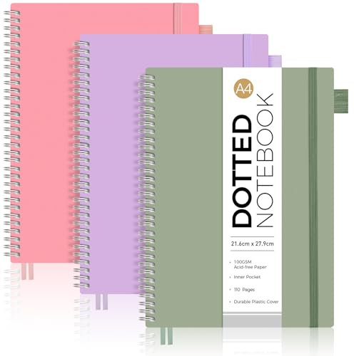 AUTEMPO Taccuino punteggiato A4, confezione da 3 quaderni a spirale con griglia a pois, 110 pagine per scrivere, carta spessa 100 g/m², copertina rigida in PVC, 21,6 x 27,9 cm, verde, rosa, viola