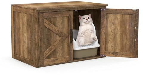 COSTWAY Cat Litter Box Enclosure, Wooden Kitty Hidden Washroom Toilet Furniture with Double Doors & Entrance Hole, Indoor Cats House Cabinet Side End Table Nightstand for Bedroom Living Room, Oak