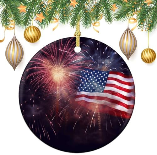 2024 Runde Weihnachtsornamente, hängende Weihnachtsbaumspitze, Ornament, Feuerwerk, amerikanische Flagge, 4. Juli, Baumspitzen-Dekoration, Keramik, Kreis, hängende Anhänger für Weihnachtsbaumspitze,