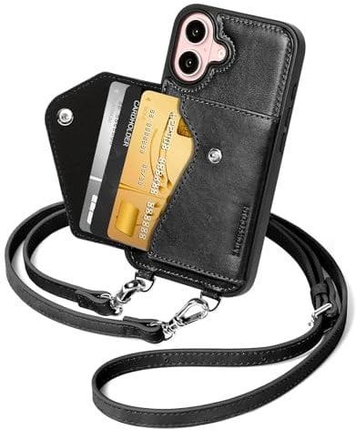 LUCKYCOIN Crossbody Wallet Phone Case with Adjustable Neck Strap for iPhone 16 6.1 in,Mobile Phone Crossbody Lanyard Cases for Women,Stylish Premium Genuine Leather Phone Purse Covers Black
