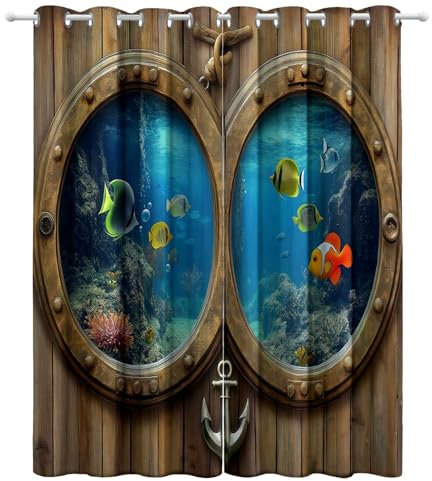 Blue Dark Yellow Curtain for Bedroom, Vintage Ship Porthole Living Room Blackout Curtains W 46 x L 72 (2 Panels), Thermal Insulated Eyelet Window Drapes Set