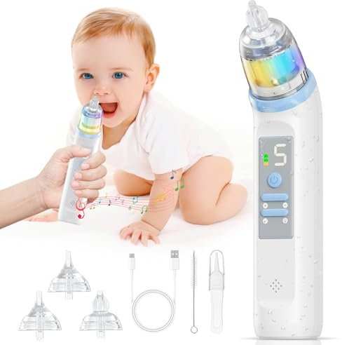 Nasensekretsauger Baby Elektrisch Staubsauger Aspirator, IPX6 Wasserdicht Nasal Aspirator Baby mit 5 Saugstärken 3 Silikon Tipps - Nose sucker mit Buntem Licht Musikfunktion für Kleinkinder Säuglinge