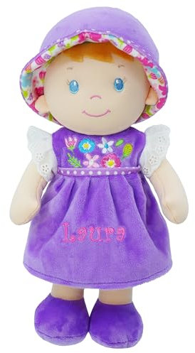 Lullaberry Personalisierte Kuschelpuppe Laura – Weiche Stoffpuppe für Babys ab Geburt – Mit Wunschname – Lila Kleid