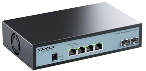 SODOLA Switch 10Gb Ethernet 6 Ports, 4x10G RJ45 & 2x10G SFP+ | Géré par web, Boîtier métallique, refroidissement ventilé, prend en charge LACP/QoS/VLAN/IGMP, montage bureau/mural