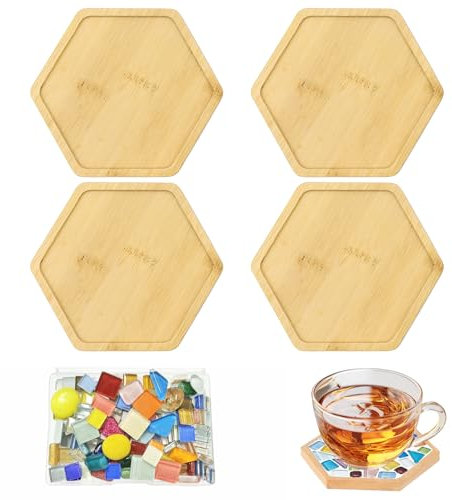 ZYNERY 4 Stück Holz Untersetzer Mosaik Bastelset Erwachsene Mosaik Untersetzer DIY mit Mosaiksteine Kreatives Holzuntersetzer Basteln Handgefertigte Geschenke (Hexagon)