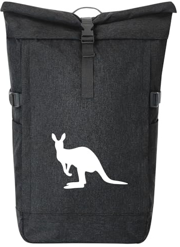 Huuraa Kurierrucksack Kangaroo Silhouette Geschenk | 30-44 Liter Backpack Black Melange Fairtrade Rolltop Rucksack Geschenkidee Schwarzer Laptop-Rucksack passend für 17-Zoll