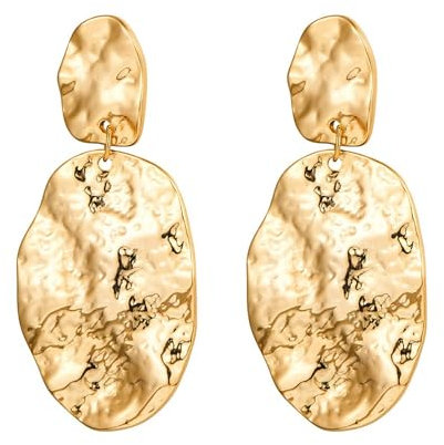 Gold Plated Statement Earrings for Women, Vintage Chunky Hammered Gold Earrings, Lightweight Hypoallergenic Fashion Gold Jewelry, Big Drop Dangle Earrings for Women Fashion Jewelry