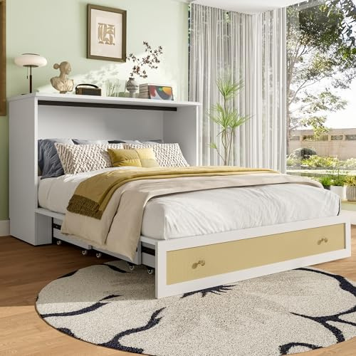 Idemon Closet Bed 140x200cm with Storage & USB Charging | Convertible Wall Bed with Shelves, Drawers, Power Outlets, Space-Saving Design, (Mattress Not Included) (Weiß)