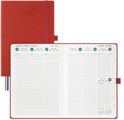 BEZEND Kalender 2026 2027 Buchkalender 1 Woche 2 Seiten A5 (21,5 x 15,5 cm) | 18 Monate Kalender (Jul 26 - Dez 27), PU-Leder Hardcover, 80 GSM Papier, Rot