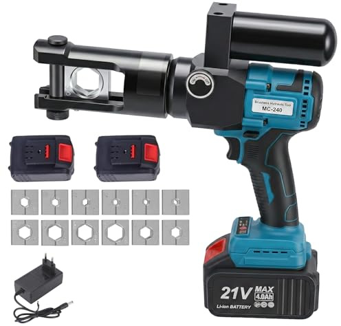80kn Rechargeable Hydraulic Crimping Tool, 21v Lithium Battery Powered Hydraulic Crimping Tool, 10-300mm²Electric Crimping Tool with 12 Dies for Crimping Copper & Aluminum Terminals
