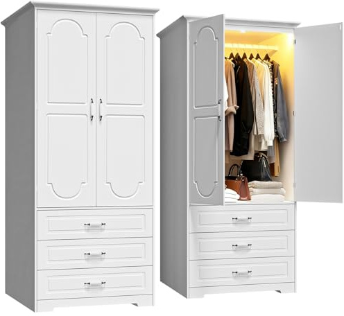 FJTJBSI 72 Wooden Armoire Wardrobe Closet with LED Bedroom Armoire with 3 Drawers and Retro Ceramic Handles Modern Wardrobe Cabinet with Removable Hanging Rod White