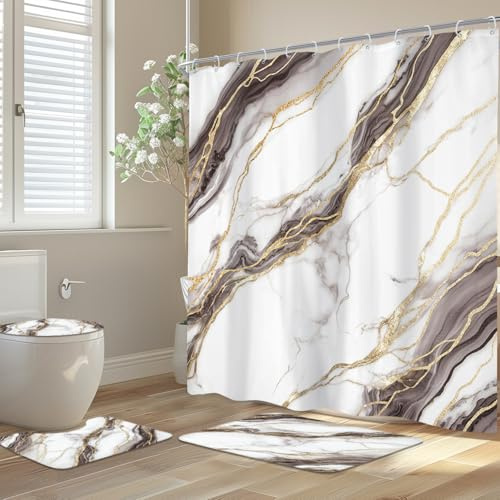 Newsely Duschvorhang-Set aus weißem Marmor, mit rutschfesten Teppichen, WC-Deckelbezug und Badematte, abstrakt, modern, goldfarben, Ombré-Grau, Duschvorhang mit 12 Haken, Risslinie, Badvorhang für